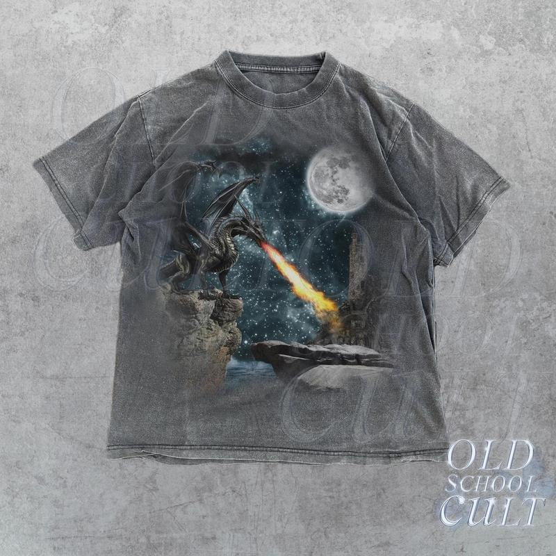 Vintage Dragon Castle Dark Art T-Shirt, Retro Dragon 90s Graphic T Shirt, Gothic Nostalgia Horror T Shirt, Dark Academia...