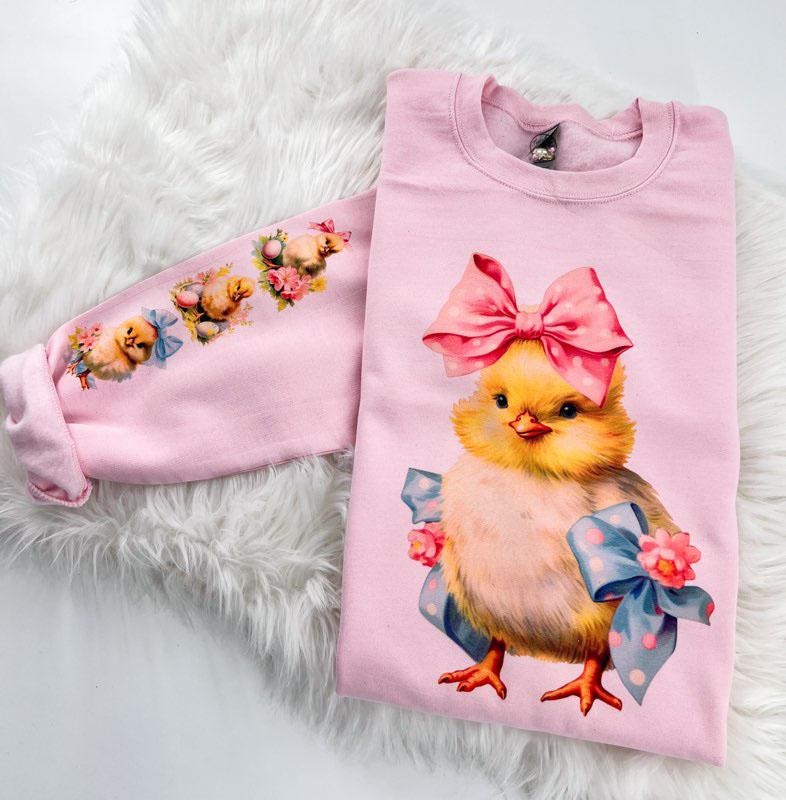 Vintage Easter Chicks Sweatshirt with sleeve print Fabric Womenswear Comfy T-Shirts, Hoodie | HypeDripTees.com