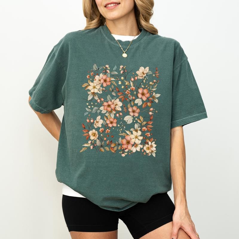 Vintage Floral Comfort Color Shirt, Botanical Nature Tee, Boho Shirt, Gardening Gifts, Wildflower Cottagecore Womenswear...