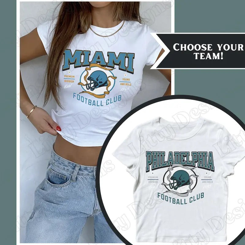 Vintage Football Baby Tee, All Teams Available, Sports Team Football Tee, Retro Cropped Tees for Fall Fit Outfit Cotton...