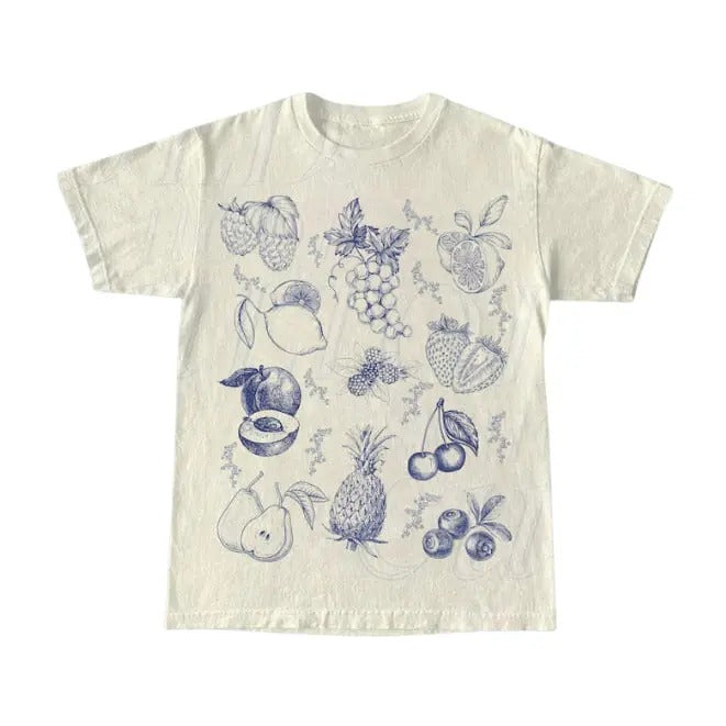 Vintage Fruits And Berries 90s Tattoo Tshirt, Retro Fruit Lovers Cute Shirt, Cherry Unisex Y2k Relaxed Lemon Graphic Top,...