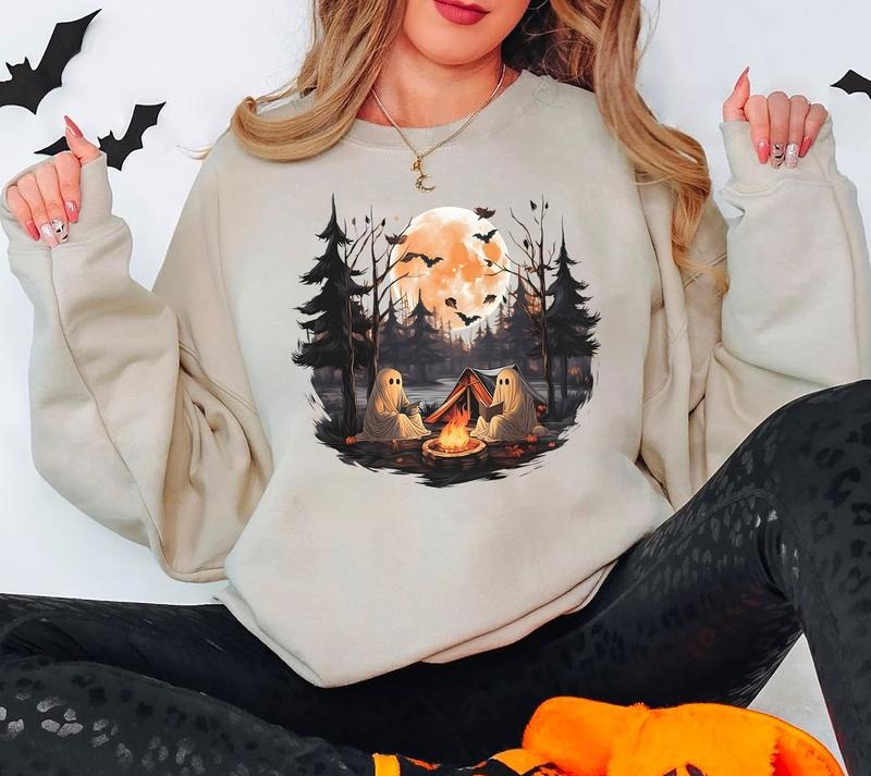Vintage Ghost Book Camping Sweatshirt, Retro Ghost Sweater, 90s Halloween Shirt, Ghost Camping Sweatshirt, Ghost Reading...