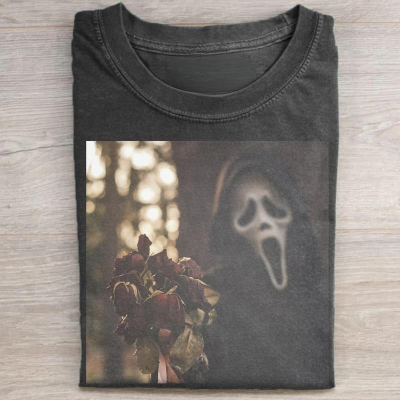 Vintage Ghostface with Dried Roses Graphic Tee - Scream Movie Shirt - Horror Characters Tee - Woodsboro Horror Film Club...