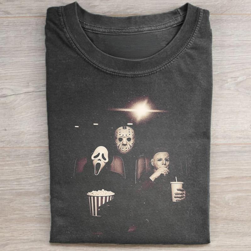 Vintage Ghostface, Michael Myers and Jason Voorhees Watching Movie in Theater Graphic Tee - Scream, Halloween and the...