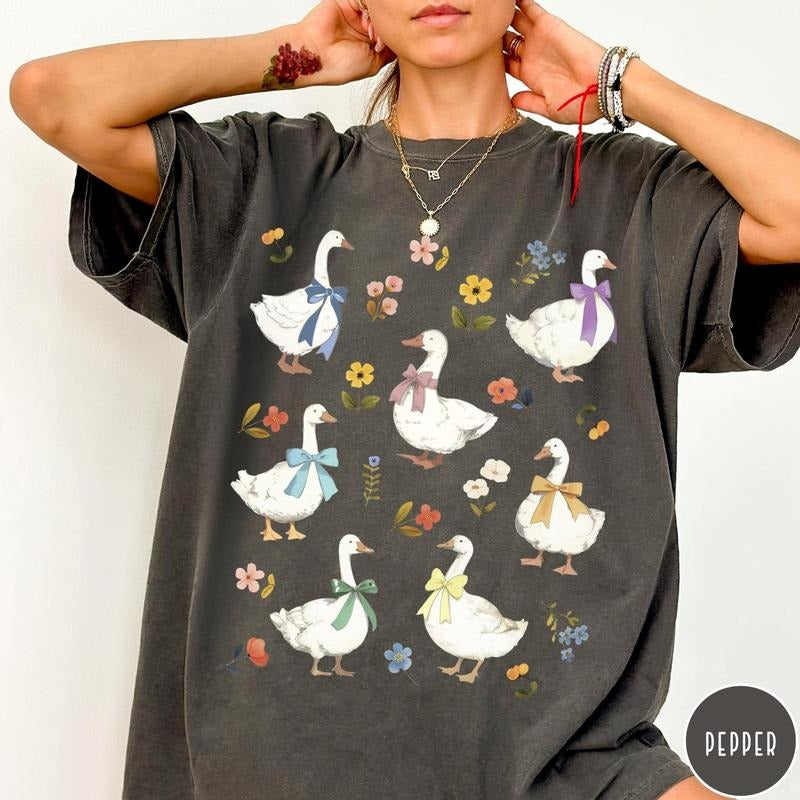 Vintage Goose Comfort Colors Shirt, Funny Colorful Goose Geese, Goose Ribbon Flowers Unisex Tee Cotton Fabric Hoodie,...