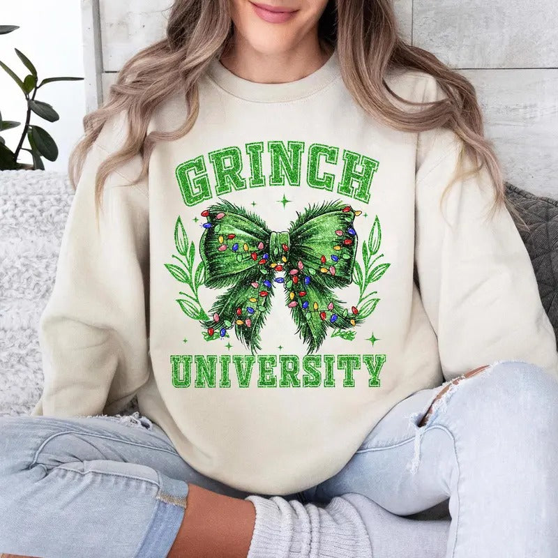 Vintage Grnchmas Coquette Bow Sweatshirt, Christmas Green Bow sweatshirt Shirt, Christmas Lights Bow Shirt, grinnch bow...