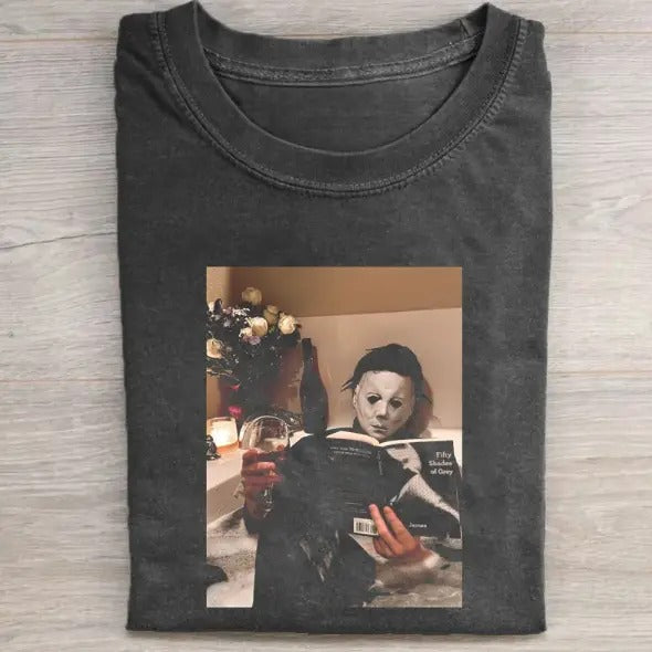 Vintage Halloween Graphic T-shirt, Michael Myers Holding Book and Wine Tee, Horror Movie Shirt, Horror Character, Funny...