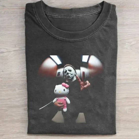Vintage Halloween Graphic T-shirt, Michael Myers Kitty Tee, Horror Movie Shirt, Horror Character, Funny Halloween Shirt,...