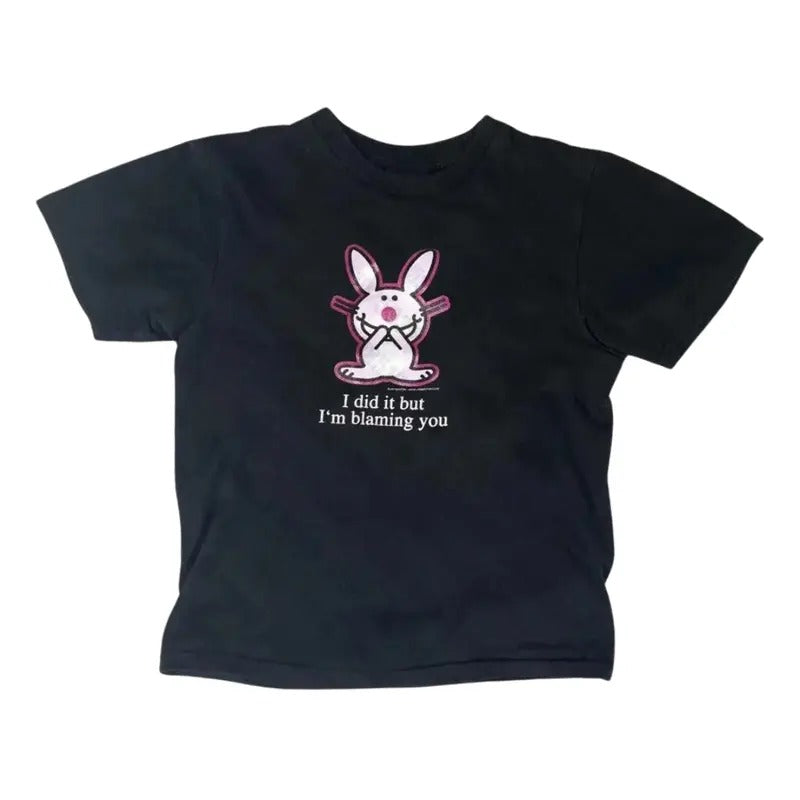 Vintage Happy Bunny Baby Tee, Womenswear Graphic Fitted Shirt, Retro Y2K Top for Women, Scene Clothing 2000s, Summer...