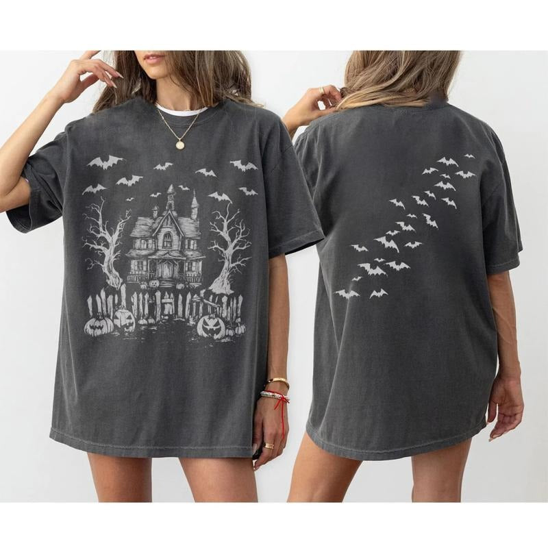 Vintage Haunted House Shirt, Halloween Party Tee, Bats Tshirt, Spooky Season Sweatshirt, Halloween Shirt, Ghost Crewneck...