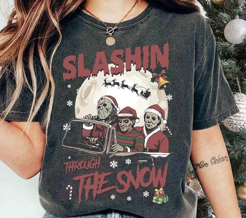 Vintage Horror Characters Christmas Shirt, Merry Christmas Horror Nights Tshirt, Holiday Christmas Friends Group Matching...