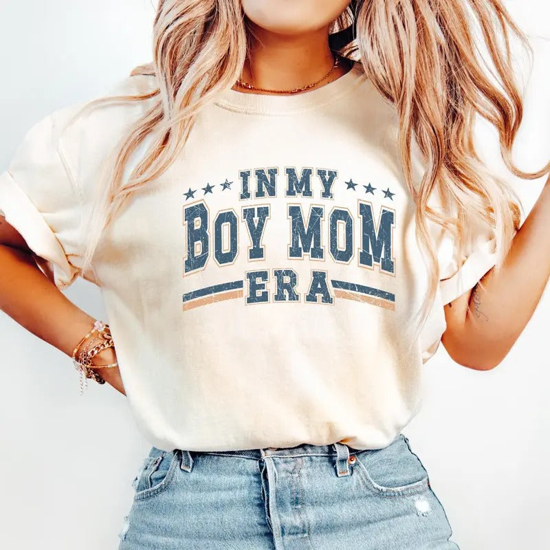 Vintage In My Boy Mom Era Shirt, Unisex Cotton For Men, Casual Polyeste Crewneck Shortsleeve Hoodie, Sweatshirt