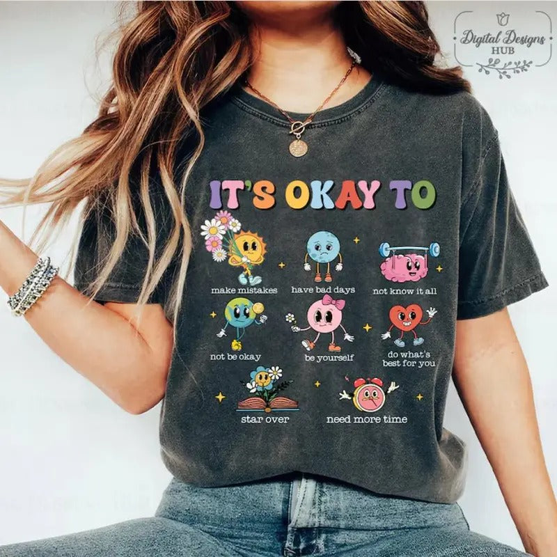Vintage It's Okay To Teacher T-Shirt, Unisex Cotton For Women, Casual Polyeste Crewneck Shortsleeve Hoodie, Sweatshirt