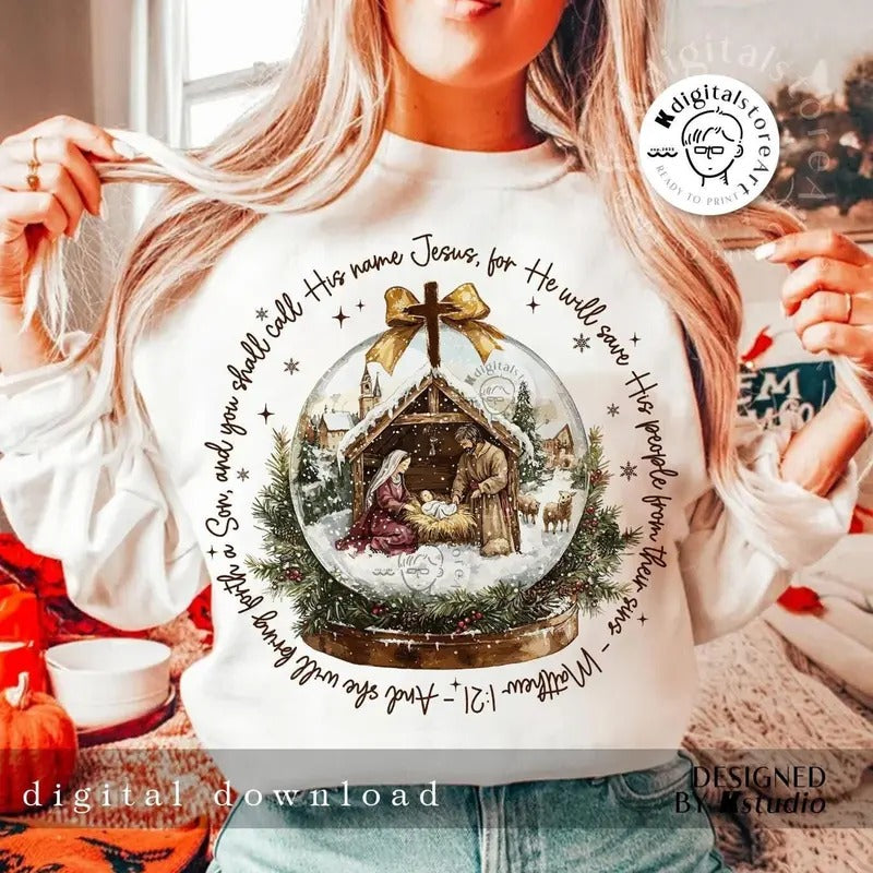 Vintage Jesus Christmas Night Sweatshirt, His Name Jesus He Will Save His People Shirt, Christmas Bible Verse Christian...