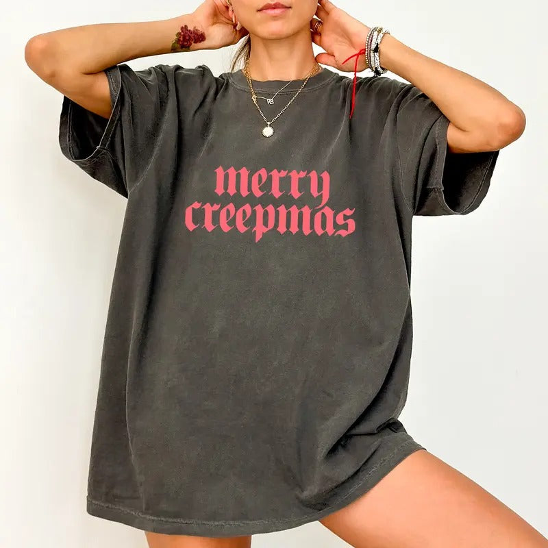 Vintage Merry Creepmas Comfort Colors Shirt, Gothic Merry Christmas Graphic Tee, Sarcastic Christmas Unhinged Tees, Funny...