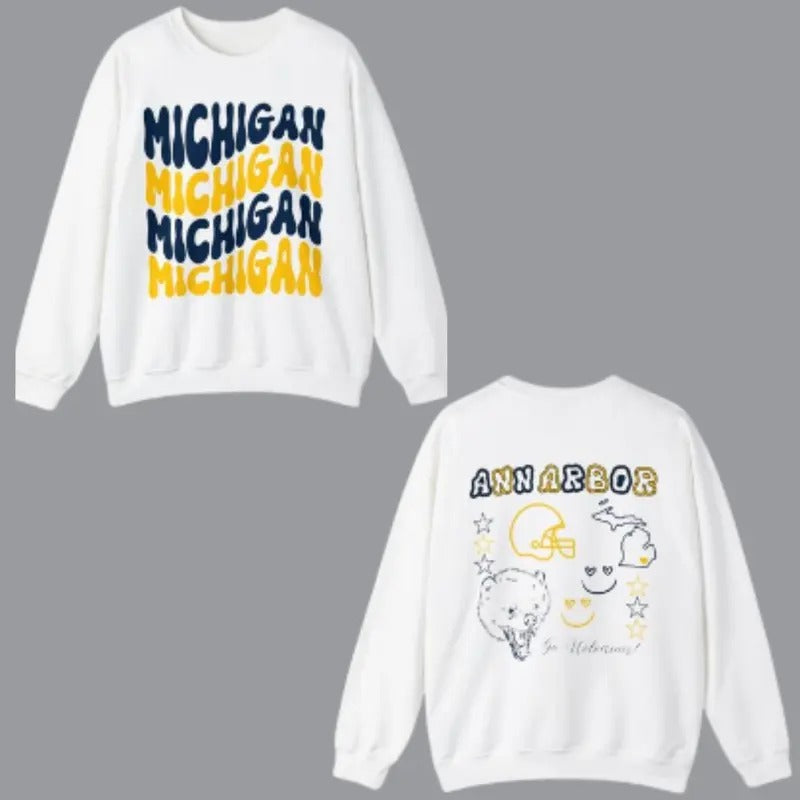 Vintage Michigan Wolverines Football 2 Sided Sweatshirt, Football University Sweatshirt, College Football Sport Pullover,...