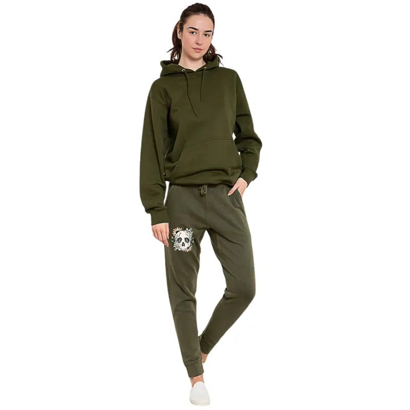 Vintage Mineral Washed Olive Sweatshirt, Hoodie & Sweatpants | Skellie Graphic on Leg & Spine | 'Fearless' Text Down the...