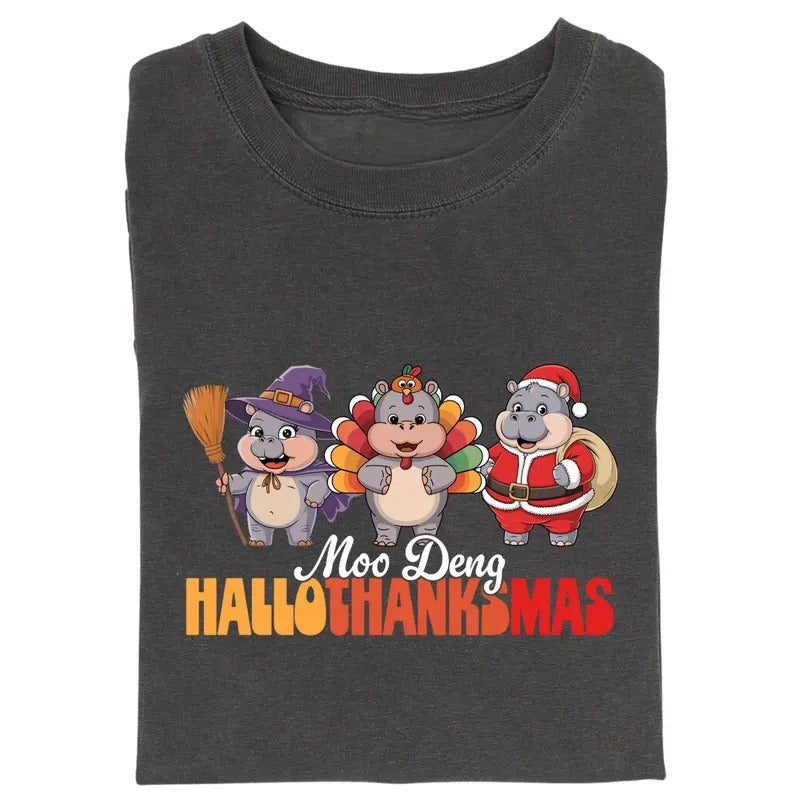 Vintage Moo Deng HalloThanksMas Graphic Tee, Funny Moo Deng Shirt, Halloween Shirt, ThanksGiving Shirt, Christmas Shirt,...