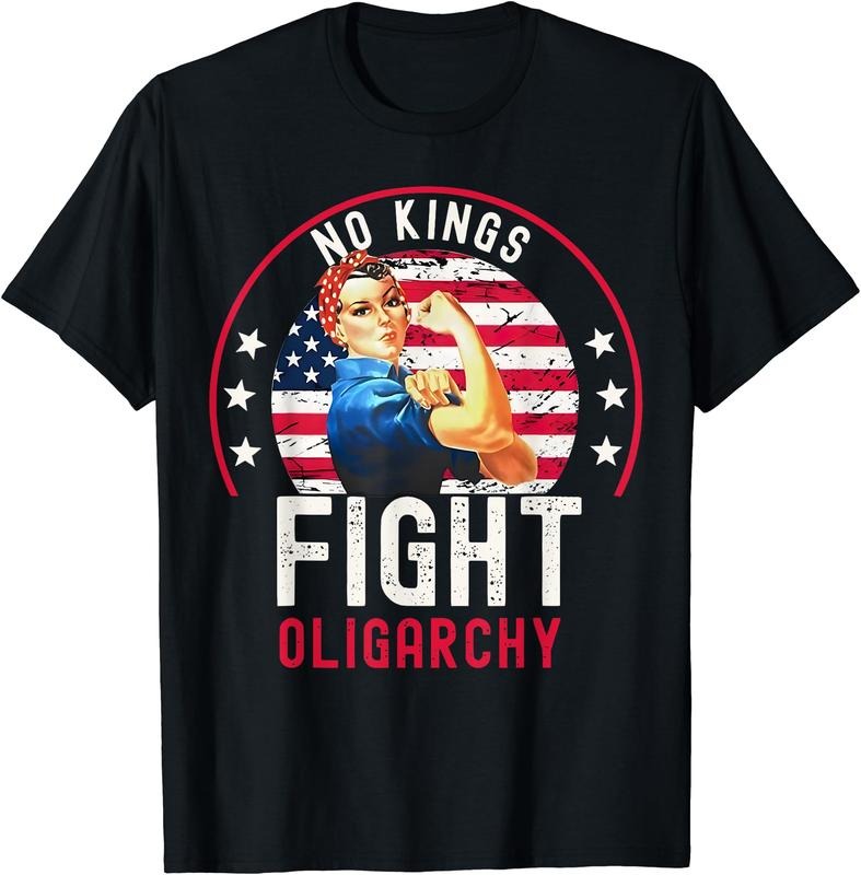 Vintage No Kings Fight Oligarchy Woman's Girl America Flag T-Shirt | Unisex Cotton Tee Gift, Crewneck, Short Sleeve...