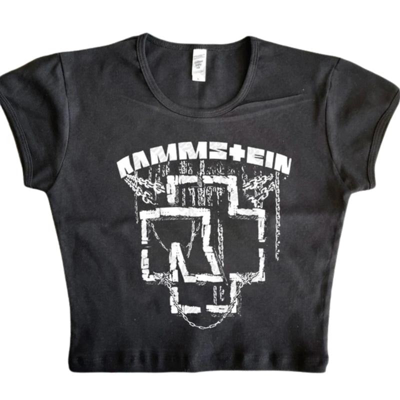 Vintage Rammstein Band Baby Tee, Gothic Emo Girl, Y2k Top Women Streetwear, Women Fitted T-Shirt, Grunge 2000s, Casual...