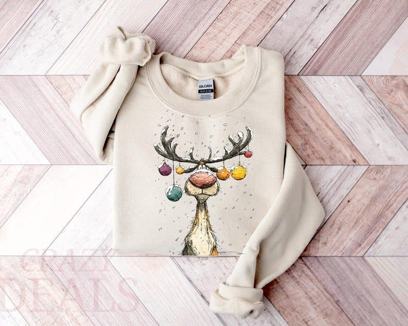 Vintage Reindeer Sweatshirt, Cute Christmas Sweatshirt, Retro Reindeer Sweatshirt, Merry Christmas Sweatshirt, Christmas...