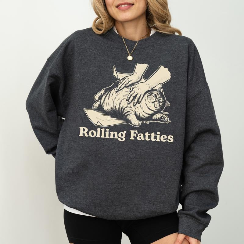 Vintage Rolling Fatties Cat Sweatshirt, Sarcastic Rolling Crewneck, Funny Meme Fat Cat Long Sleeved Pullover, Funny...