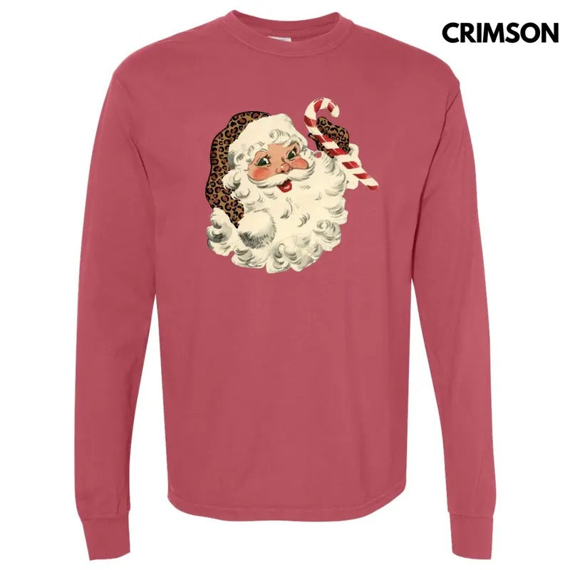 Vintage Santa Leopard Print Long Sleeve Comfort Colors T-Shirt Hoodie, Sweatshirt | HypeDripTees.com