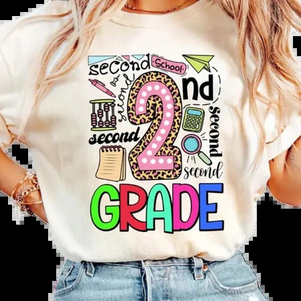 Vintage Second Grade T-Shirt, Teacher Shirt, Unisex Cotton For Men, Casual Polyeste Crewneck Shortsleeve Hoodie, Sweatshirt