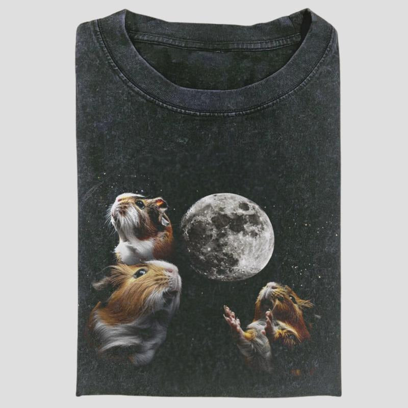 Vintage Three Guinea Pigs Moon Graphic Tee, Funny Rodent Meme Shirt, Cosmic Animal Aesthetic, Unisex Menswear Womenswear...