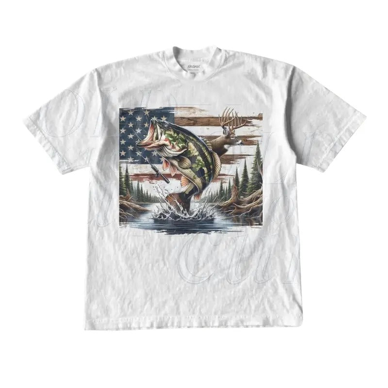 Vintage USA Bass Deer 90s T Shirt - Bass Lovers Deer Hunter Wildlife Shirt - Fish Lovers - Fish Y2k Shirt - Top Womenwear