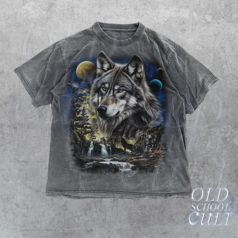 Vintage Wolf 90s Graphic Shirt, Retro Mystical Wolf Galaxy Tee, 2000s Nature Alpha Wolf Moon Shirt, Nostalgia Unisex Oversize Tee, Wolf Gift
