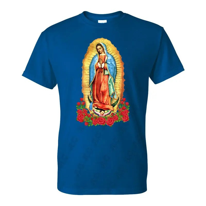 Virgen de Guadalupe Mens T-Shirt - Blue Cotton Crewneck with Virgin Mary Design Hoodie, Sweatshirt | HypeDripTees.com