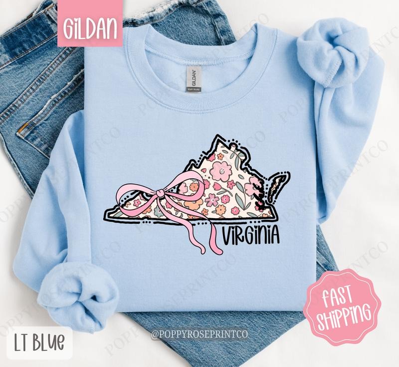 Virginia Floral Bow Gildan Sweatshirt, Cute Trendy State Coquette Pullover T-Shirts, Hoodie | HypeDripTees.com
