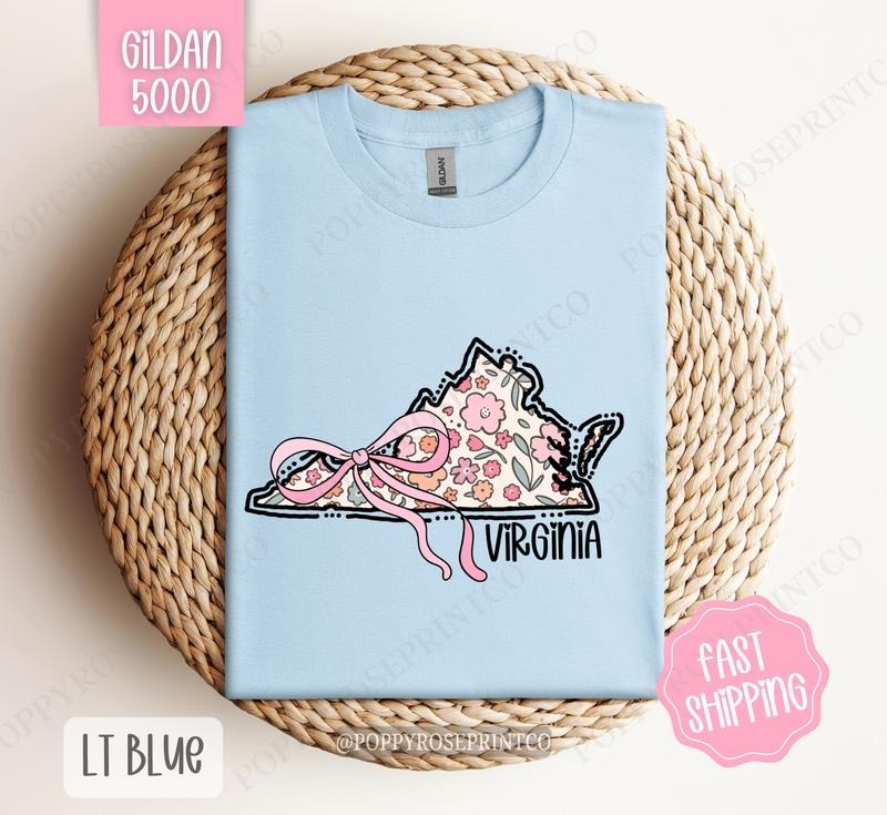 Virginia Floral Bow Gildan T-shirt, Cute Trendy Tee, State Coquette Oversized Top Hoodie, Sweatshirt | HypeDripTees.com