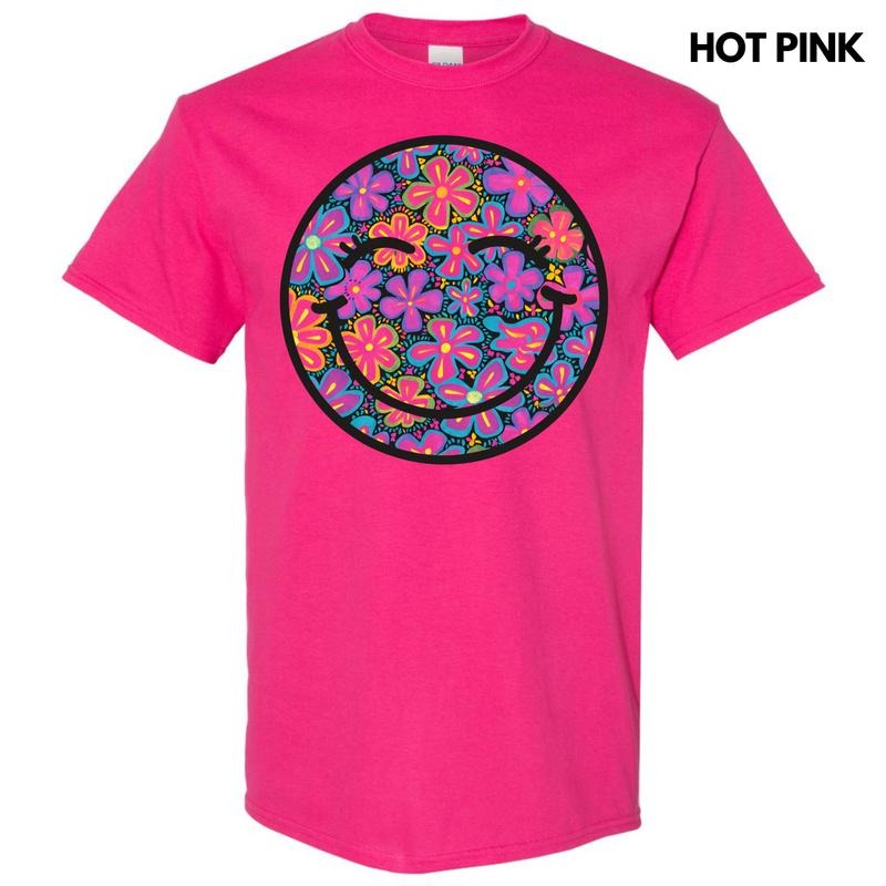 Vivid Neon Floral Happy Face Gildan Short Sleeve T-Shirt 'NLB' Hoodie, Sweatshirt | HypeDripTees.com