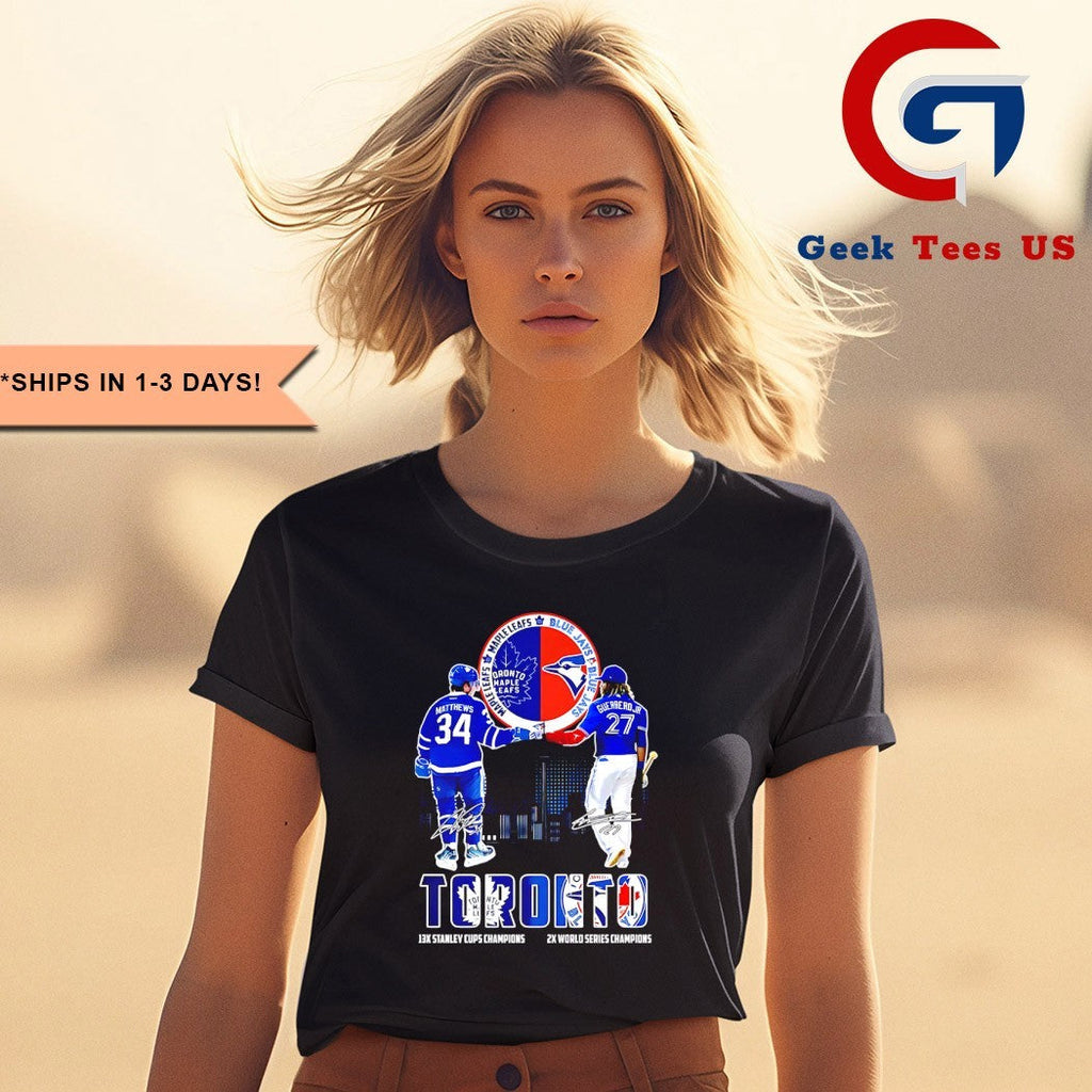 Vladimir Guerrero Jr. Toronto Blue Jays fist bump Auston Matthews Toronto Maple Leafs skyline signature shirt
