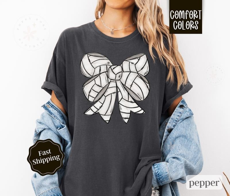 Volleyball Bow Shirt Comfort Colors, Volleyball Mom Tee, Womenswear Oversized Crewneck Hoodie, Sweatshirt | HypeDripTees.com