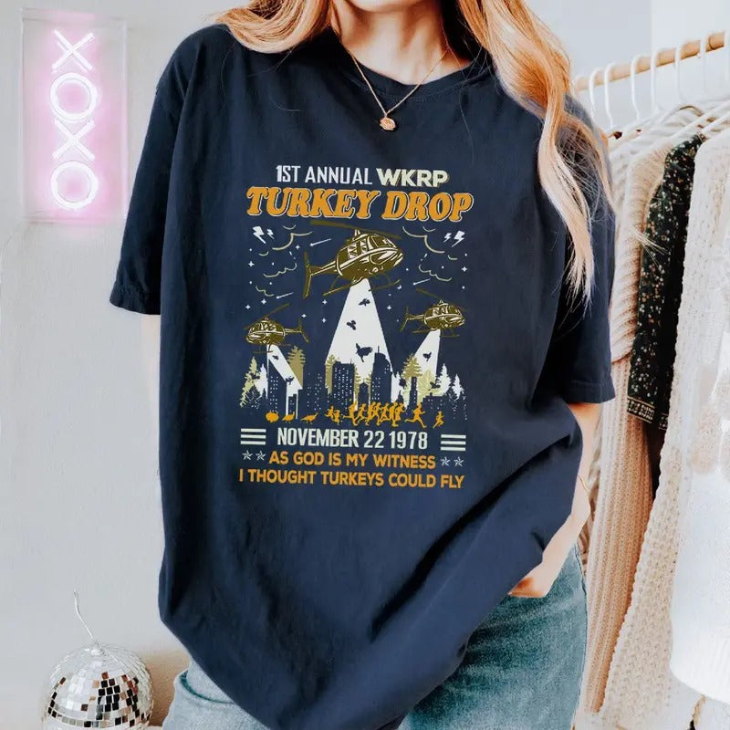 WKRP in Cincinnati Vintage Movie Tee, 1st Annual WKRP Turkey Drop Shirt, As God Is My Witness T-Shirt, Thanksgiving Shirt...