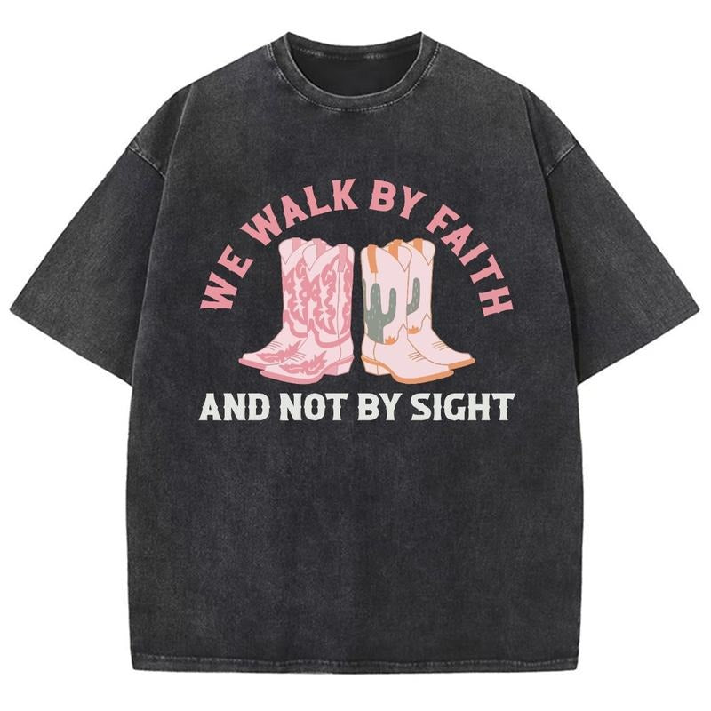 Walk By Faith Unisex Washed T-Shirt, Christian Tshirts, Christian Jesus  t shirts, Vintage 90s Graphic Tee Gift Cotton Top, Mineral color