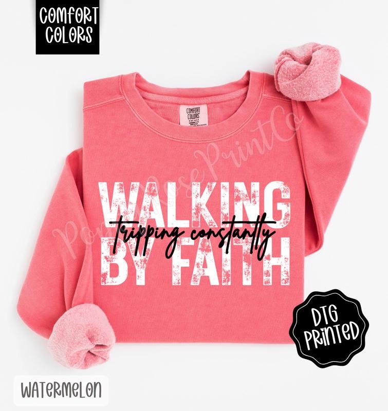 Walking By Faith Comfort Colors Sweatshirt, Trendy Women's Religious Crewneck T-Shirts, Hoodie | HypeDripTees.com