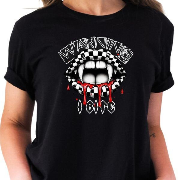 Warning I Bite T-Shirt with Vampire Mouth & Fangs, Short Sleeve Shirt for Halloween, Black, Grooming Inspired Graphic Design