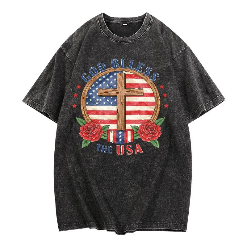 Washed - Effect T - Shirt with Patriotic and Religious Symbols: God Bless The USA Hoodie, Sweatshirt | HypeDripTees.com