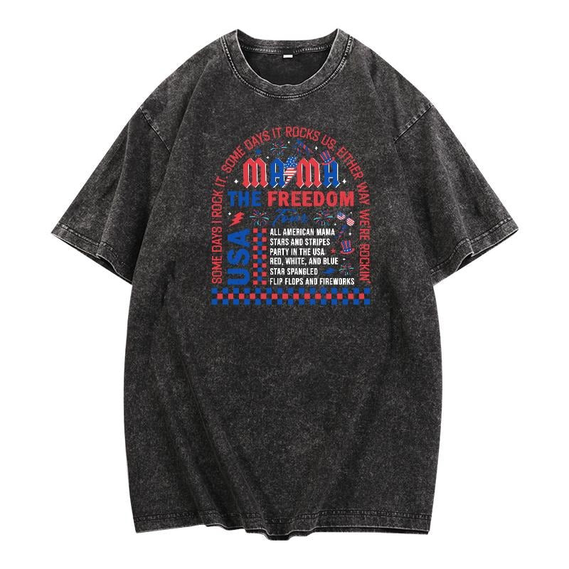 Washed - effect Patriotic American Tour Tee: Celebrate American Spirit with a Fun - filled "Mama The Freedom Tour" Design...