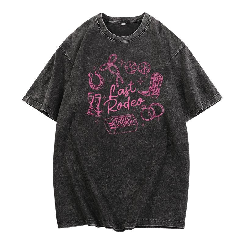Washed - effect Western - themed Farewell Tee: Celebrate the Spirit of the Rodeo with a "Last Rodeo" Design on a Washed T