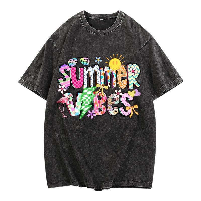 Washed T - Shirt Featuring Playful "Summer Vibes" Design: Perfect for Effortless Summer Style Hoodie, Sweatshirt |...