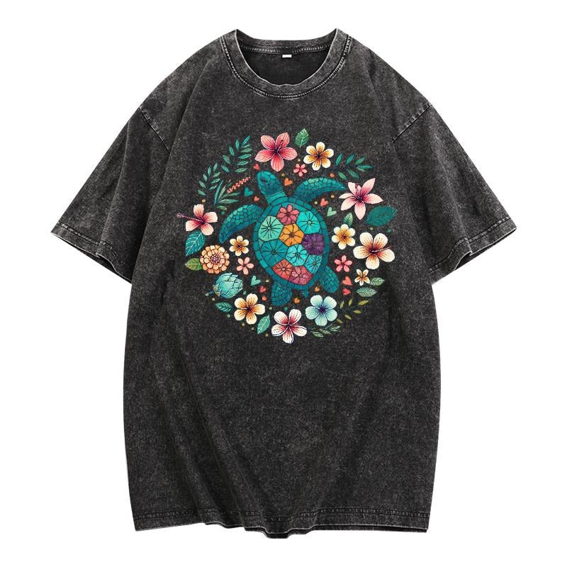 Washed T - Shirt for Nature Lovers: Flaunt a Beautiful Turtle - Floral Graphic Hoodie, Sweatshirt | HypeDripTees.com
