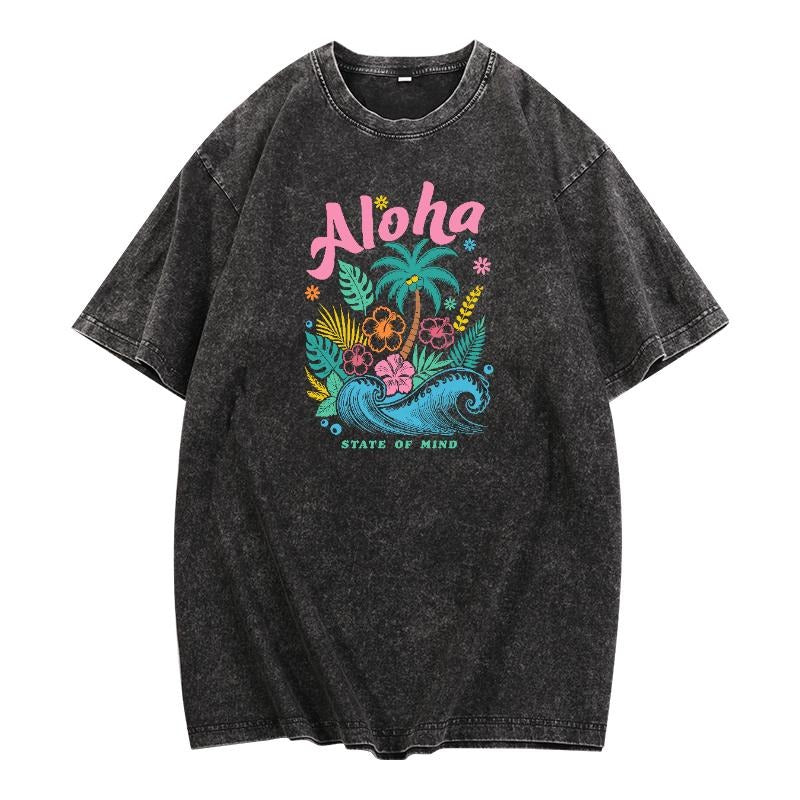 Washed T - Shirt with Tropical "Aloha State of Mind" Design for Beachy Vibes Hoodie, Sweatshirt | HypeDripTees.com