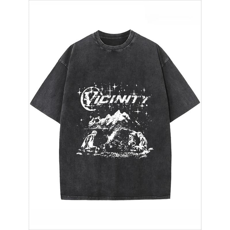 Washed T-shirt Letter Print, Fashion Wash Cotton T-shirt, Fashion Vintage Batik Distressed Style Short Sleeve round Neck...