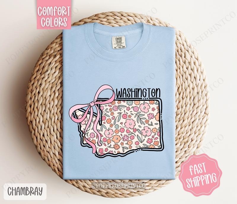 Washington Floral Bow Comfort Colors T-shirt, Cute Trendy Tee, State Coquette Oversized Top Hoodie, Sweatshirt