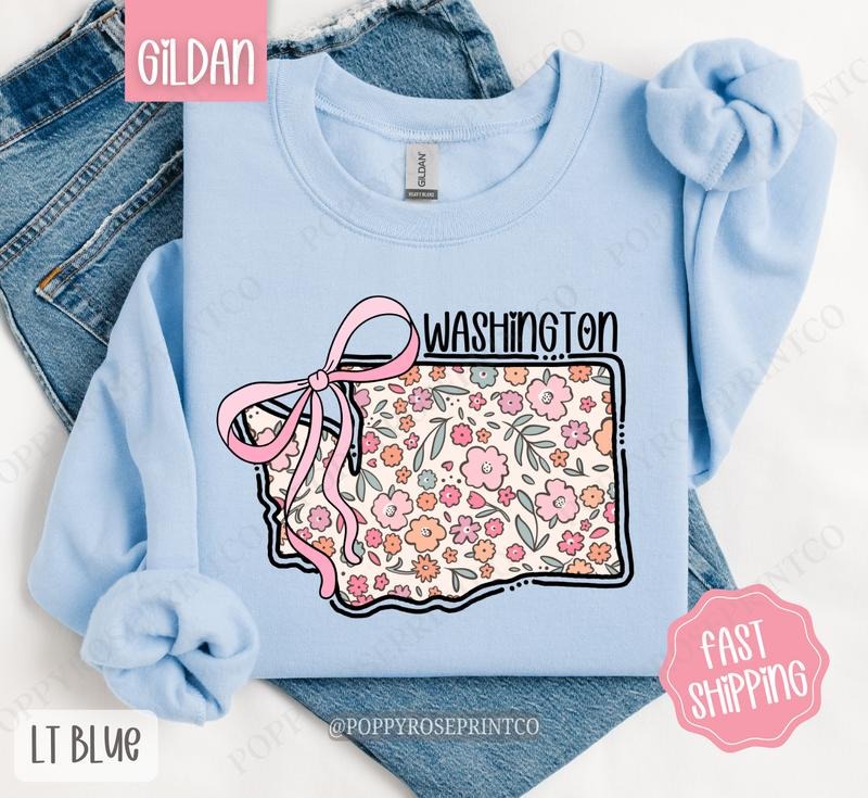 Washington Floral Bow Gildan Sweatshirt, Cute Trendy State Coquette Pullover T-Shirts, Hoodie | HypeDripTees.com